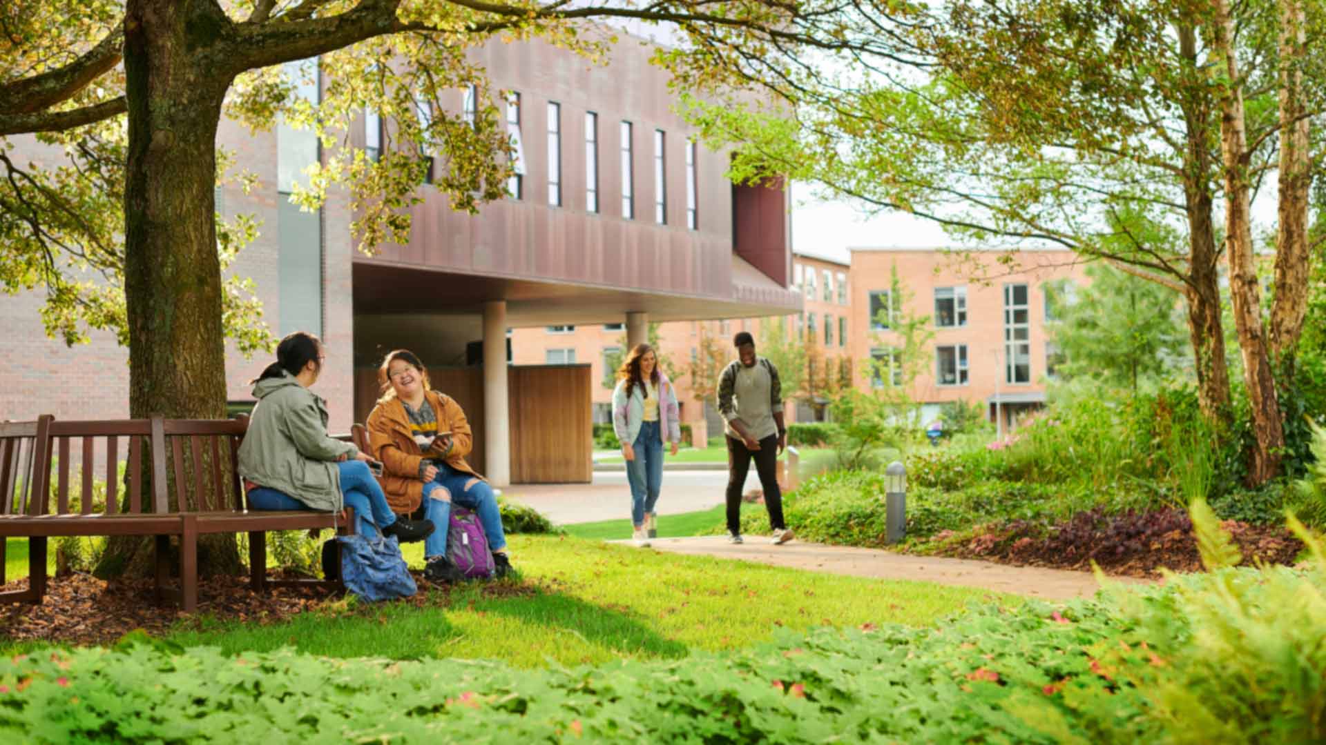shot of campus near catalyst with two students sat under a tree and two walking on a nearby path